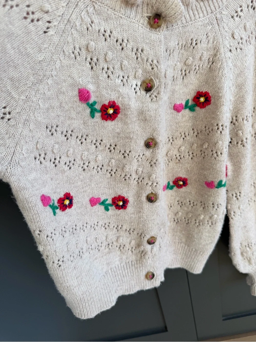 Mini Boden Tan Knit Cardigan with Pink & Red Floral Embroidery | 4-5 Y